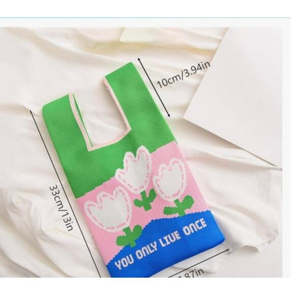 Knit Knot Handbag YOLO Small Tulips You Only Live Once HUIHUO Purse - Picture 7 of 8